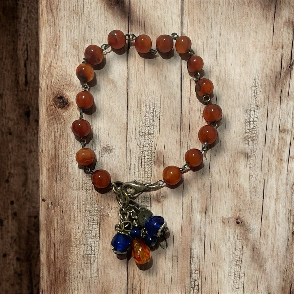 Vintage Pewter Brown Beaded Bracelet with Blue Charms